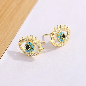 Evil eye stud earrings with gold plating, turquoise beads and pavé cubic zirconia