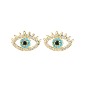 Classic bohemian gold evil eye stud earrings with blue crystals and clear rhinestones