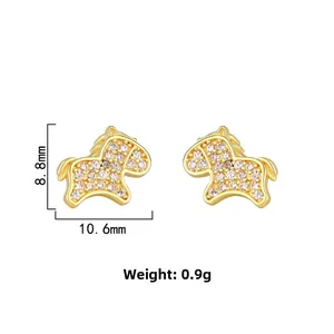 Macro detail of horse stud earrings showing 10.6mm by 8.8mm dimensions and gold finish
