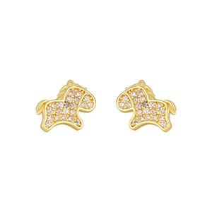 Elegant gold pony stud earrings with sparkling pave-set zircons on white background