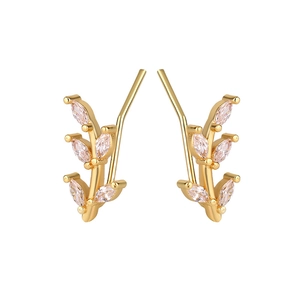 Boucles d'oreilles feuille dorées avec zircons roses et blancs taille marquise