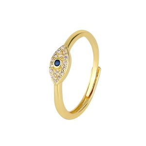 Adjustable gold evil eye ring with blue center stone and sparkling pavé zircon accents