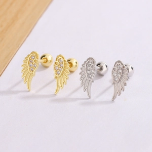 Angel Wing Stud Earrings Copper With Cubic Zirconia Screw Ball Back Dainty Piercing Jewelry Unique Style Women