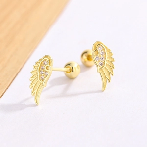 Unique gold angel wing stud earrings with white zircon stones and screw back closure
