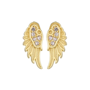 Elegant gold wing ear studs featuring polished finish and sparkling zircon stones
