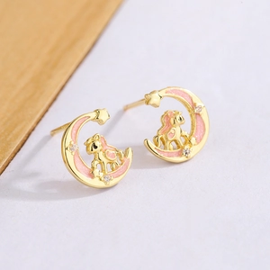 Ohrstecker mit rosa Glitzermond und Pony aus vergoldetem Metall und Zirkonia-Steinen