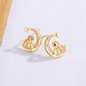Mond Einhorn Ohrstecker Vergoldetes Kupfer Rosa Emaille Zirkon Stern Süß Verträumt Nischenschmuck Für Frauen Mädchen