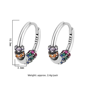 Detail view of rainbow cubic zirconia hoop earrings with S925 silver stamp and measurements