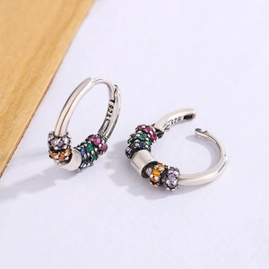S925 sterling silver hoop earrings with colorful cubic zirconia in a vintage style