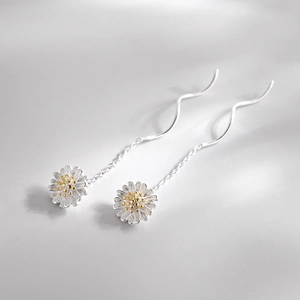 Small Daisy Flower Long Tassel Ear Line Earrings With Wave Chain 925 Sterling Silver Earring Post For Women