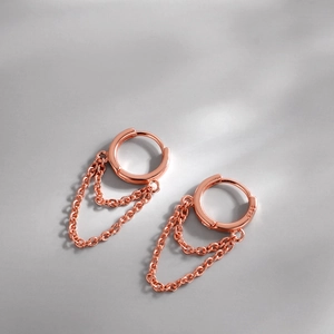 S925 rose gold sterling silver hoop earrings with double layer chain tassels