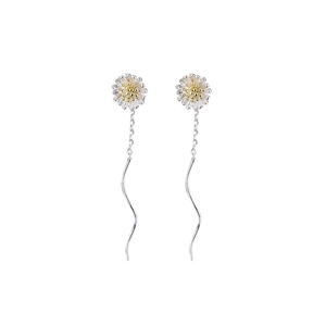 S925 sterling silver daisy drop earrings with long wave tassels on white background