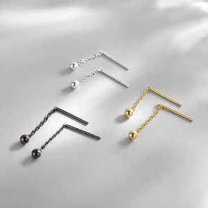Set of three minimalist metal ball drop earrings in silver, gold, and gunmetal finishes
