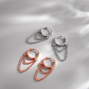 S925 sterling silver hoop earrings with double chain dangles in silver and rose gold