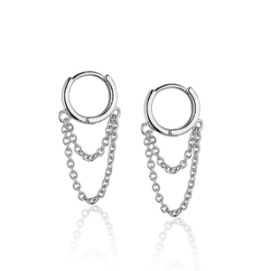 Elegant S925 sterling silver hoop earrings with long double-layer tassel chain drops
