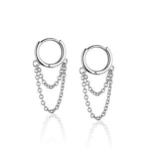 Polished S925 sterling silver hoop earrings with triple tiered dangling chain tassels