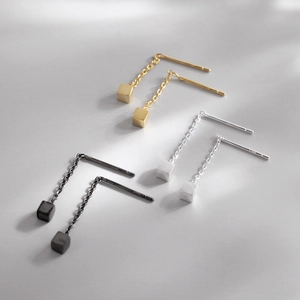 Minimalist S925 sterling silver square drop earrings in gold, silver and black finish