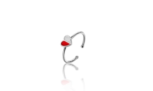 Detail of s925 silver adjustable ring showing red and white enamel heart and metal reflection