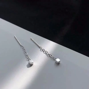 Minimalist silver square cube ear threader earrings with geometric drop design