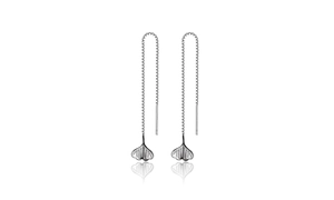 Detailed view of silver ginkgo leaf threader earrings with fine textured leaf pendants