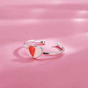 S925 sterling silver adjustable open ring featuring a red and white enamel heart charm