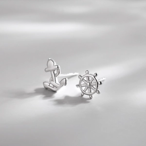 Anchor And Rudder Asymmetric Stud Earrings Copper Polished Nautical Jewelry For Women Girls Simple Trendy