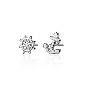 Asymmetric S925 sterling silver anchor and helm nautical stud earrings for women