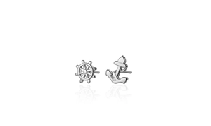 Polished S925 silver asymmetric earrings featuring nautical anchor and ship wheel charms