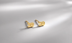 Macro de boucles d'oreilles lapin en argent 925 doré minimaliste sur fond gris élégant