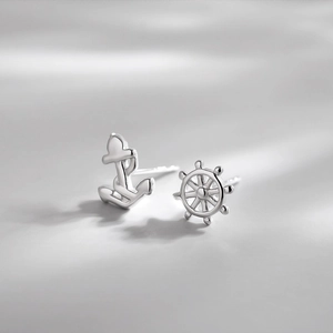S925 sterling silver asymmetrical stud earrings with anchor and rudder nautical design