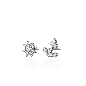 Asymmetric S925 silver studs with anchor and nautical helm design on a white background