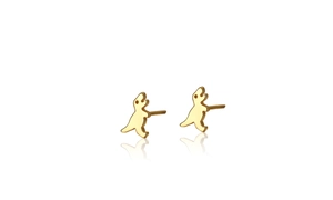 Detailed view of tiny golden T-Rex stud earrings with a polished metallic finish