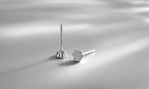 Detailed close-up of silver lotus pod stud earrings with realistic textures and shadows