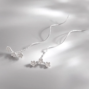 Elegant S925 sterling silver drop earrings with triple cherry blossom petals and long tassels