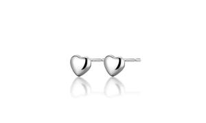 Polished silver heart-shaped stud earrings with reflective mirror effect on white background