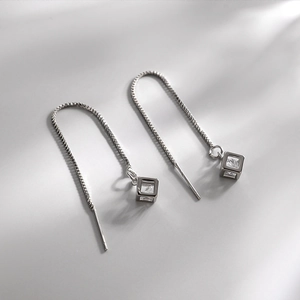 Hollow Cube Geometric Threader Earrings With 925 Sterling Silver Earring Post Cubic Zirconia Long Chain For Women