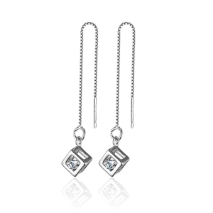 S925 silver cube drop earrings with hollow geometric frame and sparkling zircon stone