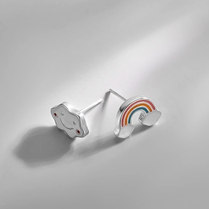 Asymmetric S925 silver stud earrings featuring cute rainbow and smiling cloud designs