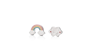 Close-up of asymmetrical S925 silver stud earrings with colorful rainbow and smiling cloud