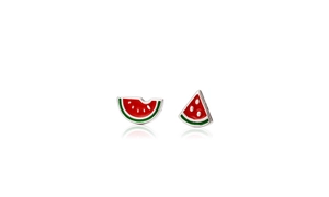 Detailed view of handmade enamel watermelon stud earrings with cute asymmetrical slice design