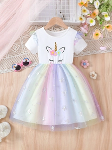 Girls Dress Unicorn Print Rainbow Gradient Mesh Tulle Short Sleeve Princess Style Summer Clothes