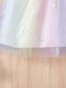 Girl's rainbow mesh princess dress with silver unicorn patterns and dreamy gradient colors