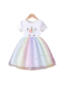 Girls unicorn rainbow dress with white cotton top and colorful tulle skirt for summer wear