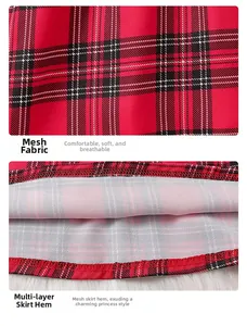 Detail of red plaid girls dress featuring breathable mesh fabric and multi-layer tulle skirt