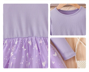 Detail of purple ribbed knit top and tulle skirt with silver stars and butterflies