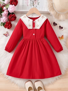 Sweet Girls Red Long Sleeve Dress With Embroidered Peter Pan Collar And Flower Details For Autumn Spring Kids Princess Party Clothing