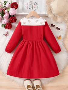 Girls red princess dress with embroidered white collar in sweet vintage french style