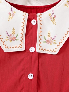 Red girls princess dress with white embroidered wide collar and wave stitching detail