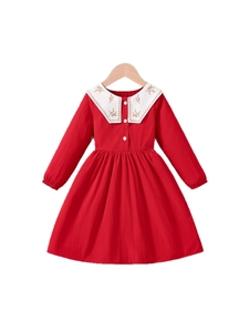 Girls red long sleeve princess dress with white embroidered Peter Pan collar and buttons