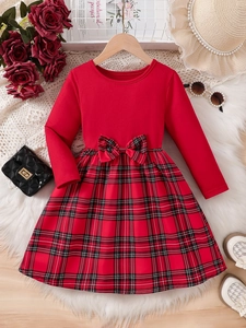 Girls Long Sleeve Dress Red Tartan Plaid Christmas Holiday Princess Party Gown Cotton Blend Bow Accent For Kids